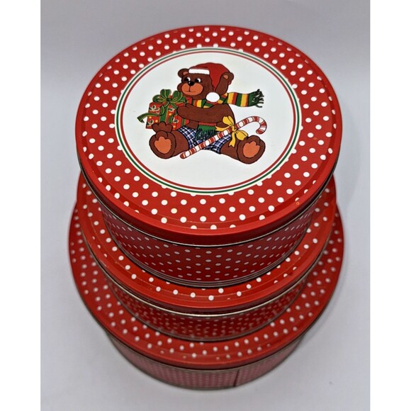 Vintage Decorative Christmas Teddy BearNesting Tins Canisters Set of 3 1980s - Picture 2 of 16